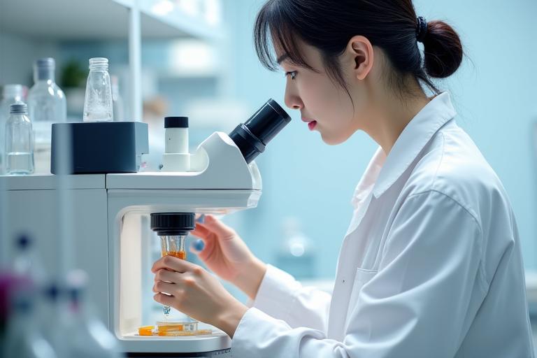 清潔な白衣を着た熟練のラボ技術者が、高度な分析機器を使用して化粧品サンプルを検査しているクローズアップショット