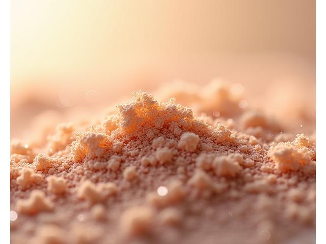 高品質なミネラルパウダーのクローズアップ画像。粒子一つ一つが繊細で輝いている様子