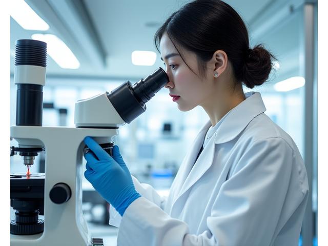 最先端の研究室で、白衣を着た研究員が顕微鏡を覗きながらミネラル原料を分析している様子